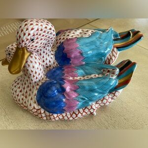 Mid 20th century pair of rust Herend porcelain hand painted ducks